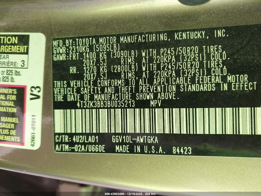 2011 Toyota Venza Base V6 VIN: 4T3ZK3BB3BU035213 Lot: 43983490