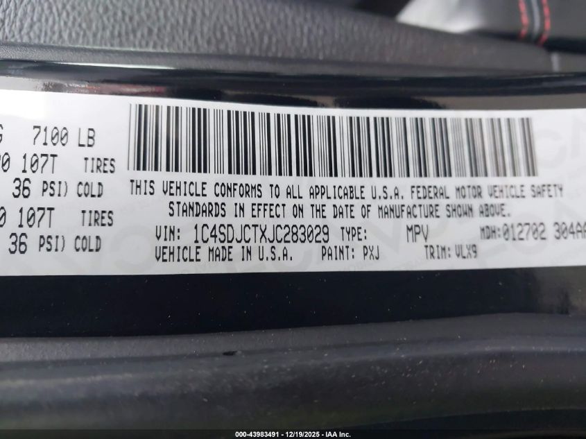 2018 Dodge Durango R/T Awd VIN: 1C4SDJCTXJC283029 Lot: 43983491