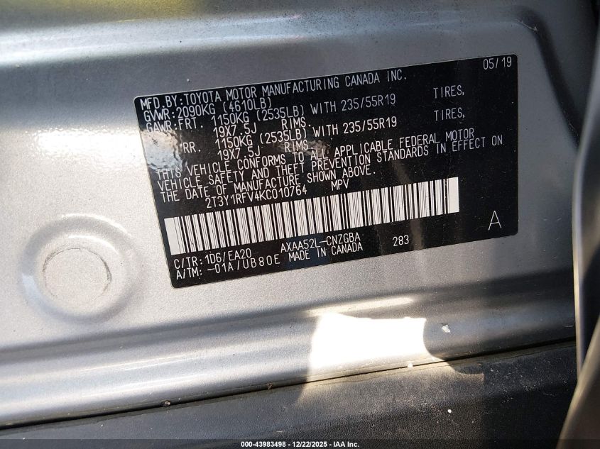 2019 Toyota Rav4 Limited VIN: 2T3Y1RFV4KC010764 Lot: 43983498