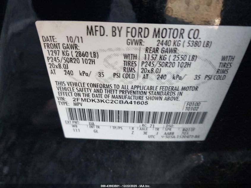 2012 Ford Edge Limited VIN: 2FMDK3KC2CBA41605 Lot: 43983501