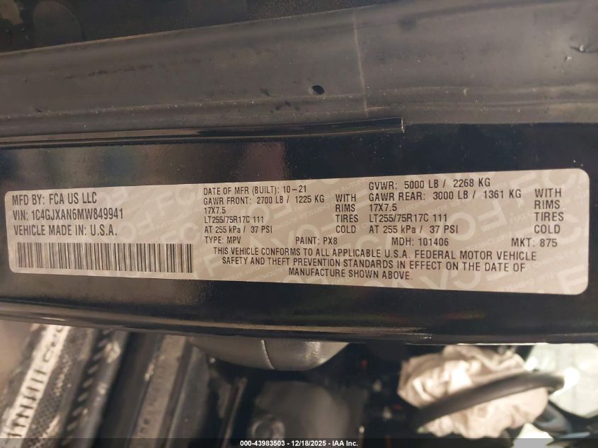 2021 Jeep Wrangler Willys Sport 4X4 VIN: 1C4GJXAN6MW849941 Lot: 43983503