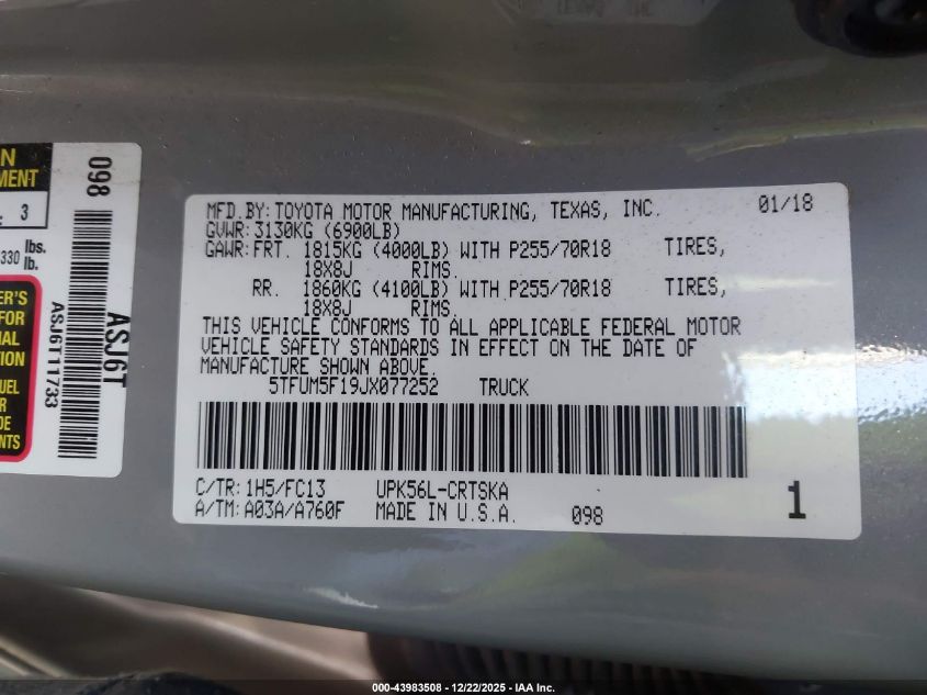 2018 Toyota Tundra Sr5 4.6L V8 VIN: 5TFUM5F19JX077252 Lot: 43983508