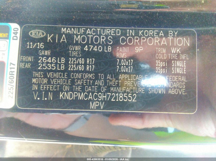 2017 Kia Sportage Lx VIN: KNDPMCAC9H7218552 Lot: 43983516