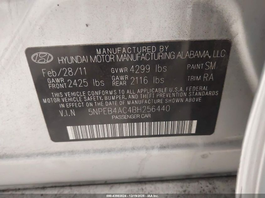 2011 Hyundai Sonata Gls VIN: 5NPEB4AC4BH256440 Lot: 43983524