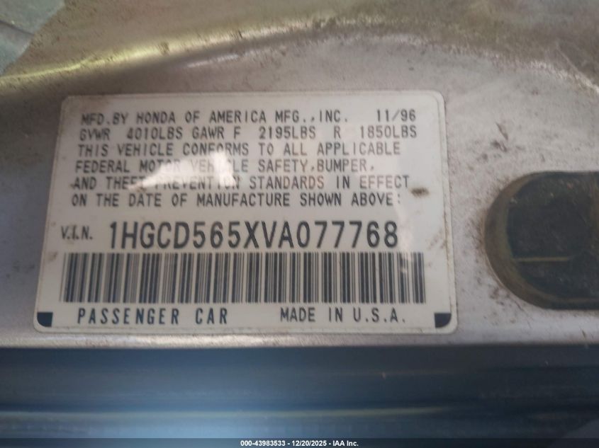 1997 Honda Accord Ex VIN: 1HGCD565XVA077768 Lot: 43983533