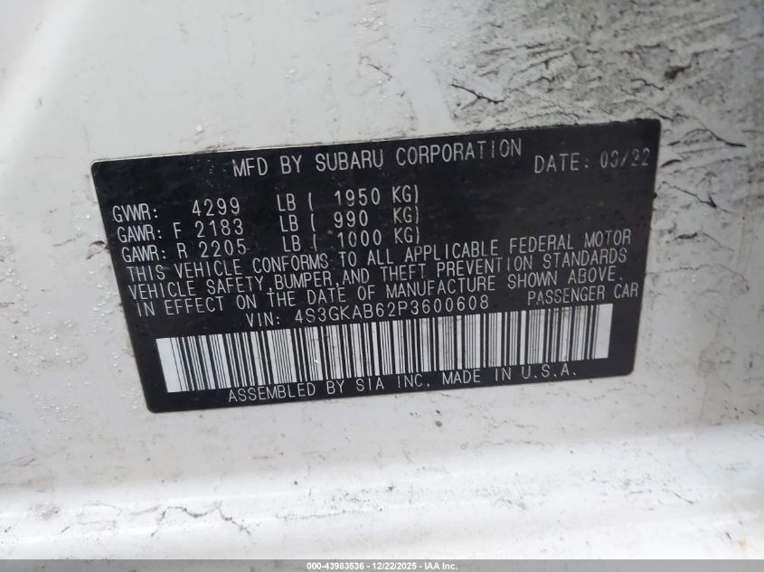 2023 Subaru Impreza Base VIN: 4S3GKAB62P3600608 Lot: 43983536