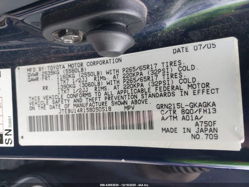 2005 Toyota 4Runner Sr5 Sport V6 VIN: JTEBU14R158050518 Lot: 43983538