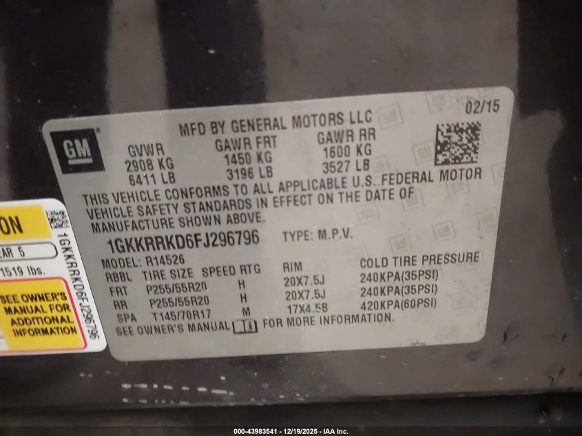 2015 GMC Acadia Slt-1 VIN: 1GKKRRKD6FJ296796 Lot: 43983541