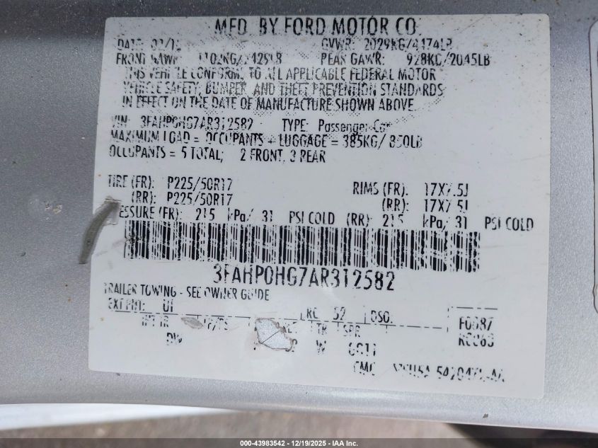 2010 Ford Fusion Se VIN: 3FAHP0HG7AR312582 Lot: 43983542