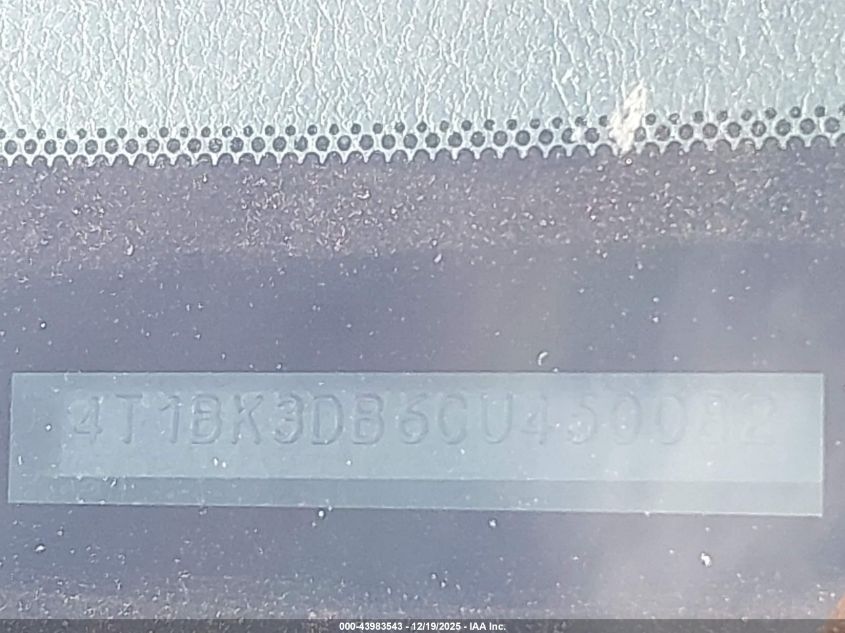 2012 Toyota Avalon VIN: 4T1BK3DB6CU450082 Lot: 43983543