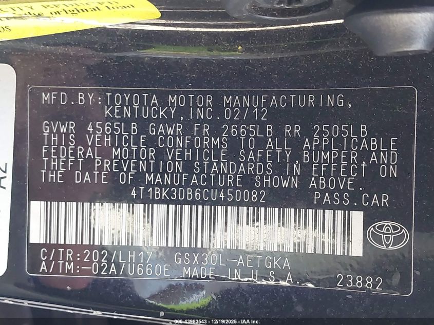 2012 Toyota Avalon VIN: 4T1BK3DB6CU450082 Lot: 43983543