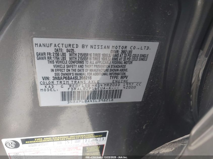 2025 Nissan Kicks S Fwd VIN: 3N8AP6BA4SL398218 Lot: 43983545