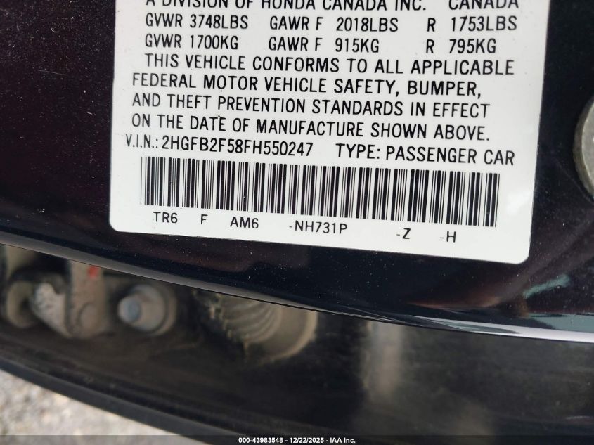 2015 Honda Civic Lx VIN: 2HGFB2F58FH550247 Lot: 43983548