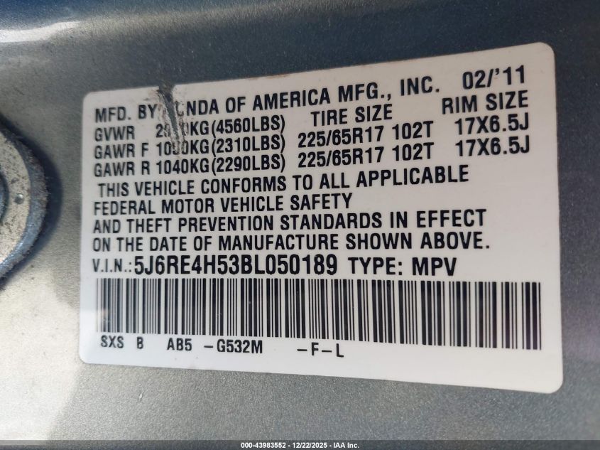 2011 Honda Cr-V Ex VIN: 5J6RE4H53BL050189 Lot: 43983552