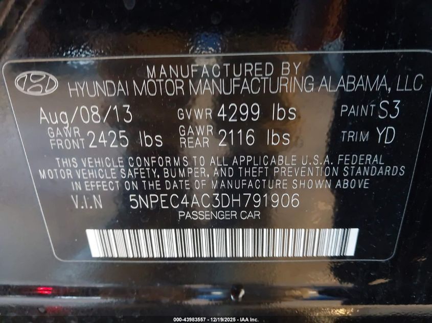 2013 Hyundai Sonata Limited VIN: 5NPEC4AC3DH791906 Lot: 43983557