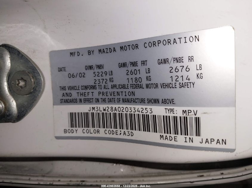 2002 Mazda Mpv Es/Lx VIN: JM3LW28A020334253 Lot: 43983558