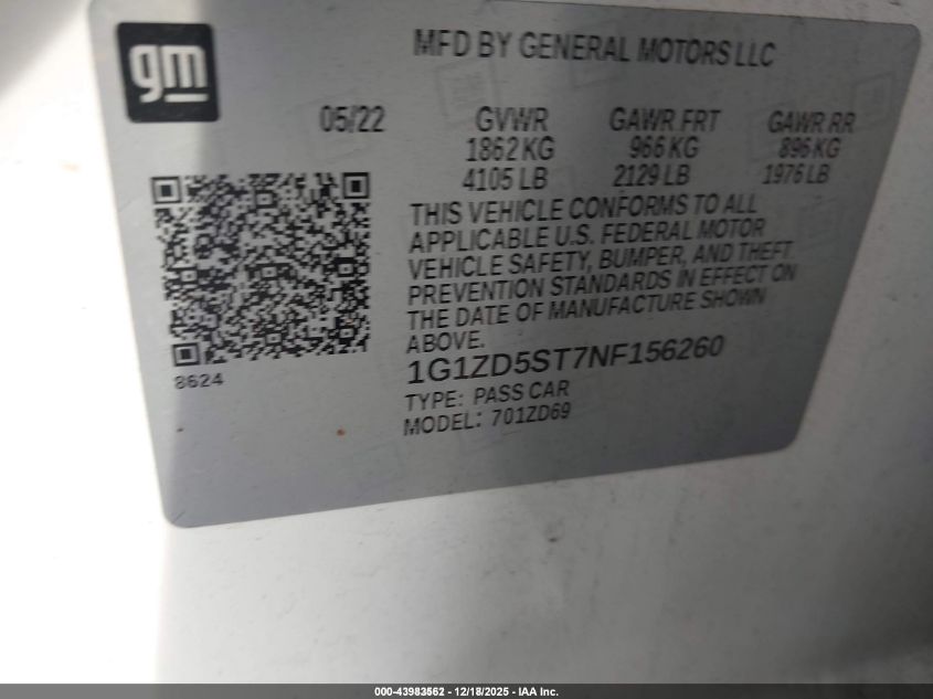 2022 Chevrolet Malibu Fwd Lt VIN: 1G1ZD5ST7NF156260 Lot: 43983562