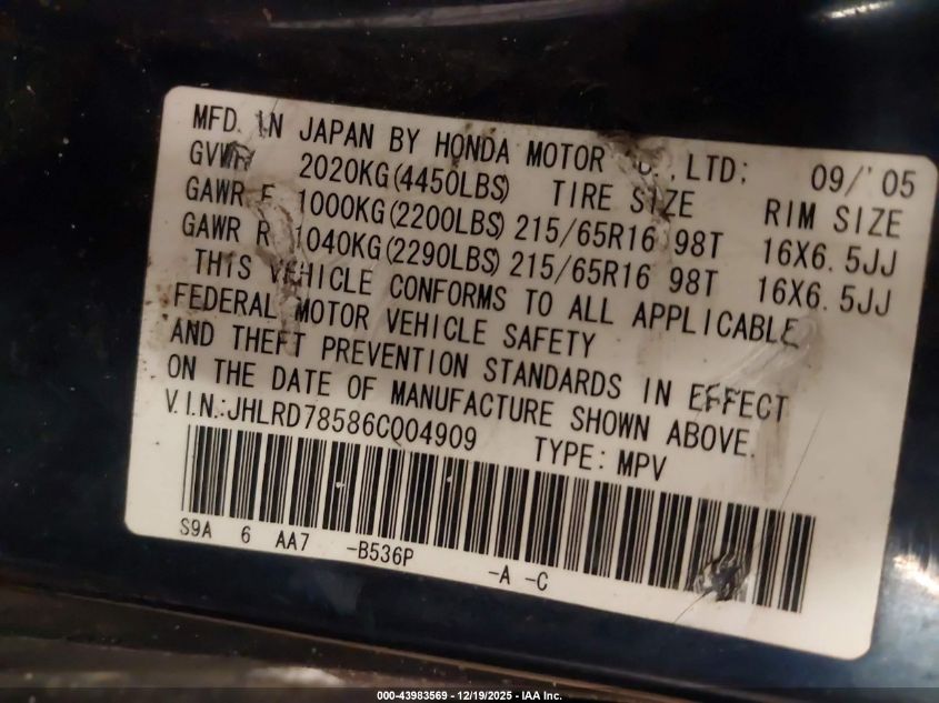 2006 Honda Cr-V Lx VIN: JHLRD78586C004909 Lot: 43983569