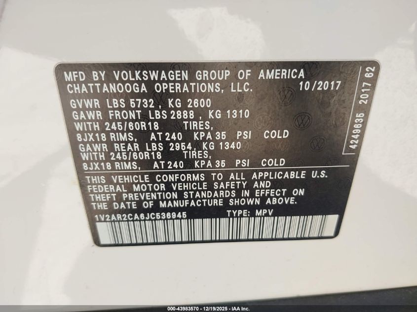 2018 Volkswagen Atlas 3.6L V6 S VIN: 1V2AR2CA6JC536945 Lot: 43983570