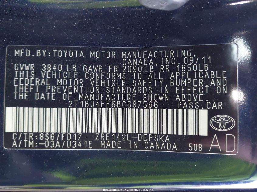 2011 Toyota Corolla S VIN: 2T1BU4EE6BC687566 Lot: 43983571