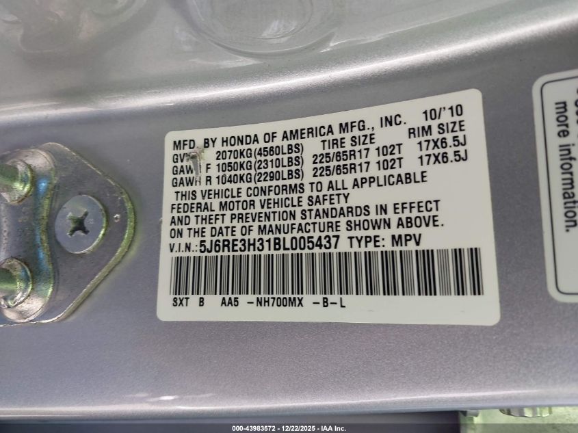 2011 Honda Cr-V Lx VIN: 5J6RE3H31BL005437 Lot: 43983572