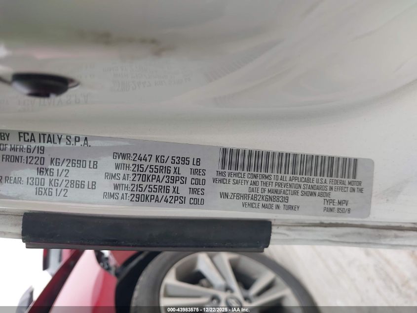 2019 Ram Promaster City Tradesman VIN: ZFBHRFAB2K6N88319 Lot: 43983575