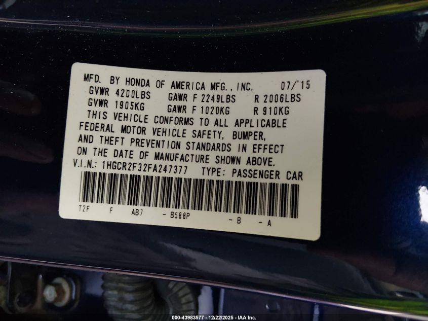 2015 Honda Accord Lx VIN: 1HGCR2F32FA247377 Lot: 43983577