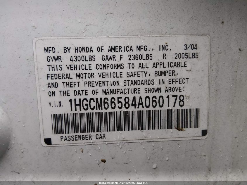 2004 Honda Accord 3.0 Ex VIN: 1HGCM66584A060178 Lot: 43983578