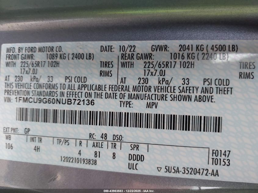 2022 Ford Escape Se VIN: 001FMCU9G60NUB721 Lot: 43983583