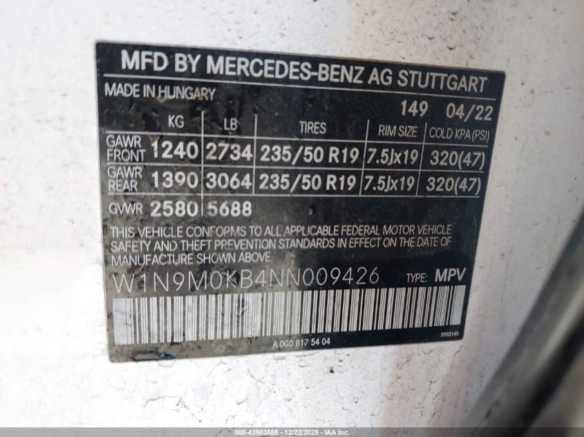 2022 Mercedes-Benz Eqb 300 Suv 4Matic VIN: W1N9M0KB4NN009426 Lot: 43983585