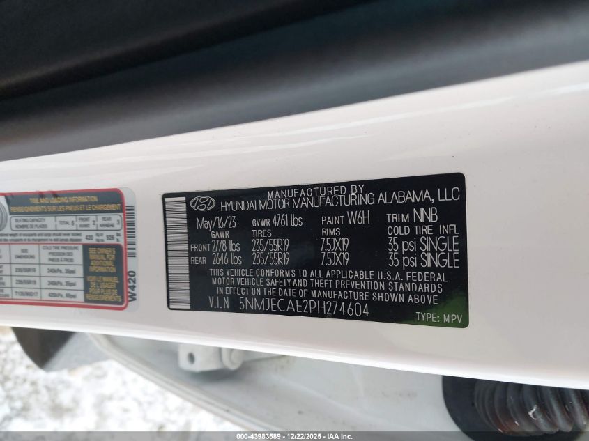 2023 Hyundai Tucson Limited VIN: 5NMJECAE2PH274604 Lot: 43983589