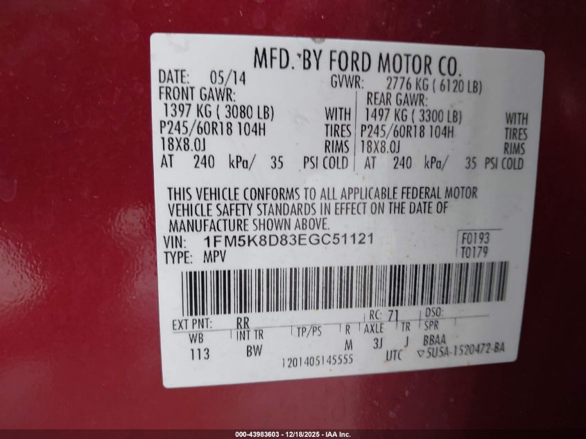 2014 Ford Explorer Xlt VIN: 1FM5K8D83EGC51121 Lot: 43983603