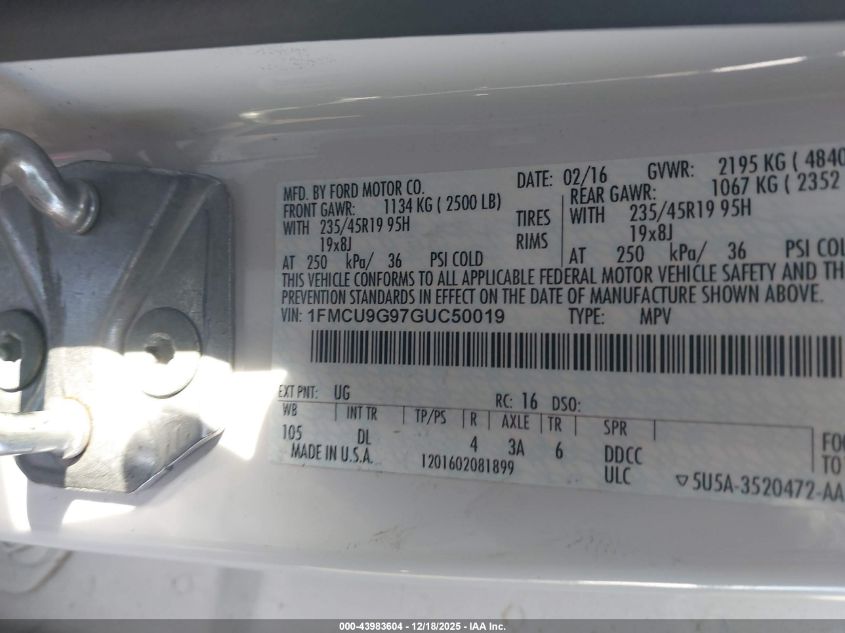 2016 Ford Escape Se VIN: 1FMCU9G97GUC50019 Lot: 43983604