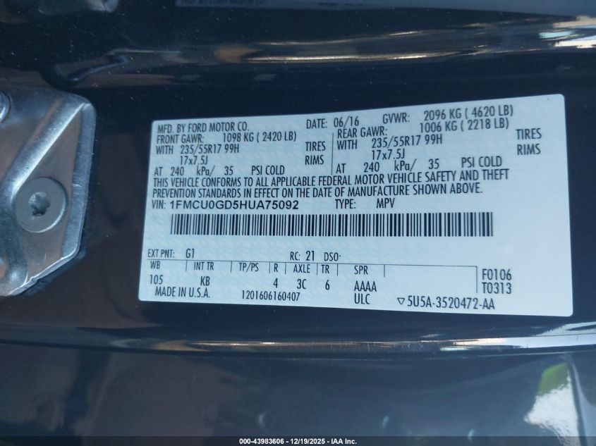 2017 Ford Escape Se VIN: 1FMCU0GD5HUA75092 Lot: 43983606