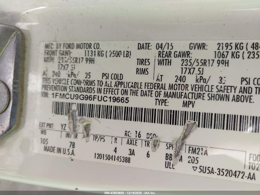 2015 Ford Escape Se VIN: 1FMCU9G96FUC19665 Lot: 43983609