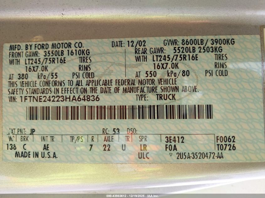 2003 Ford E-250 Commercial VIN: 1FTNE24223HA64836 Lot: 43983612