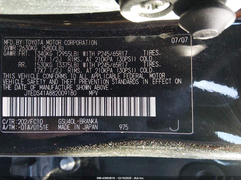 2008 Toyota Highlander VIN: JTEDS41A882009180 Lot: 43983615