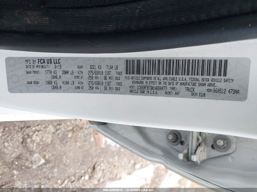 2019 Ram 1500 Big Horn/Lone Star 4X4 6'4 Box VIN: 1C6SRFBT8KN890477 Lot: 43983618