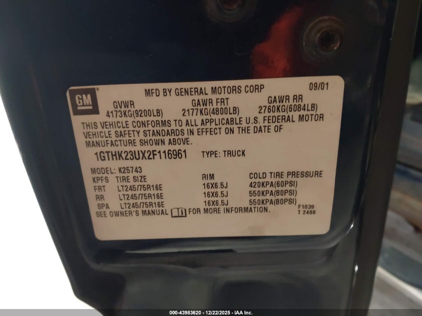 2002 GMC Sierra 2500Hd Sle VIN: 1GTHK23UX2F116961 Lot: 43983620
