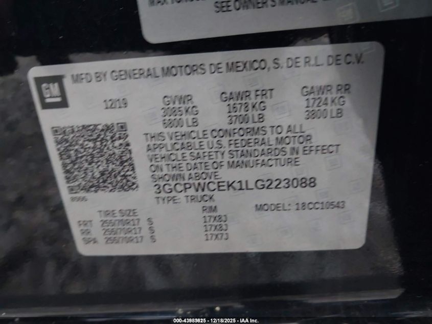 2020 Chevrolet Silverado 1500 2Wd Short Bed Lt VIN: 3GCPWCEK1LG223088 Lot: 43983625