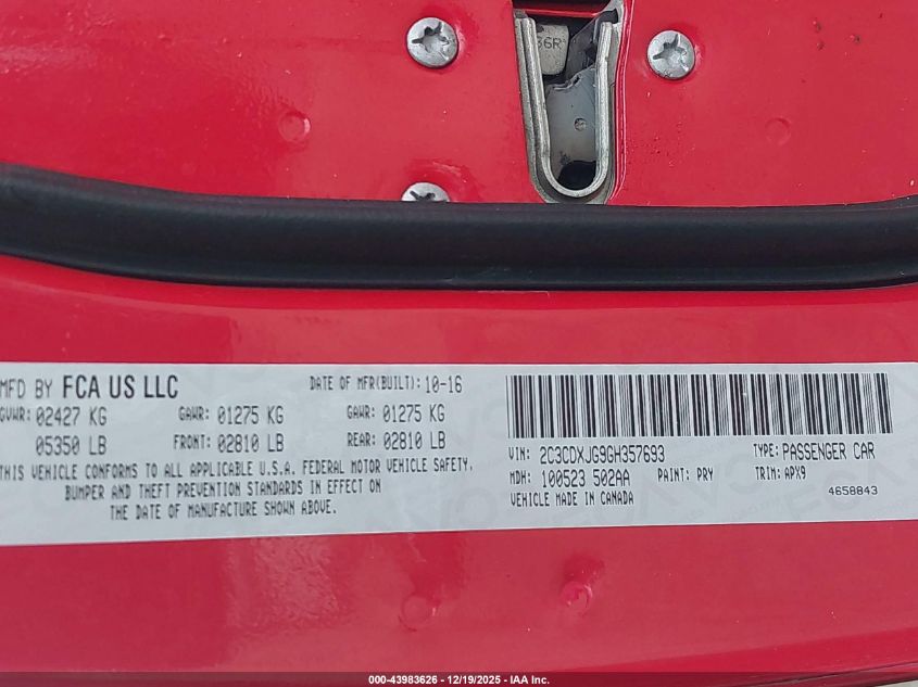 2016 Dodge Charger Sxt VIN: 2C3CDXJG9GH357693 Lot: 43983626