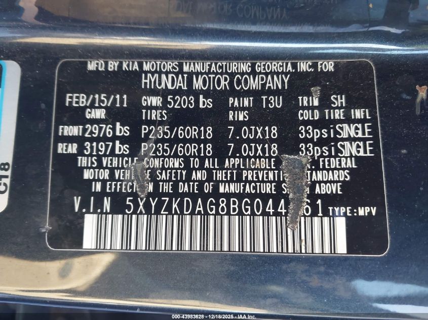 2011 Hyundai Santa Fe Limited V6 VIN: 5XYZKDAG8BG044961 Lot: 43983628