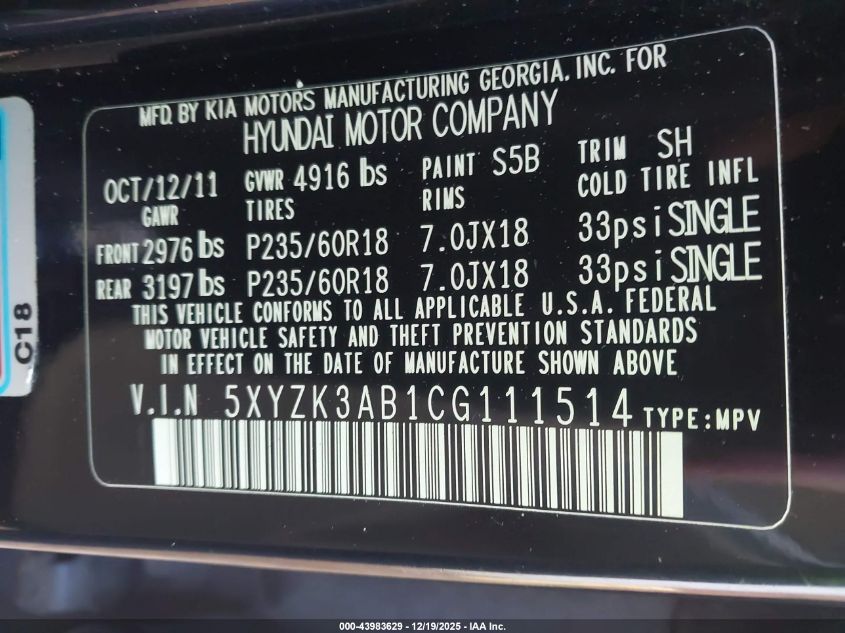 2012 Hyundai Santa Fe Limited VIN: 5XYZK3AB1CG111514 Lot: 43983629