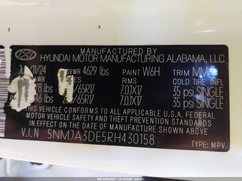 2024 Hyundai Tucson Se VIN: 5NMJA3DE5RH430158 Lot: 43983633