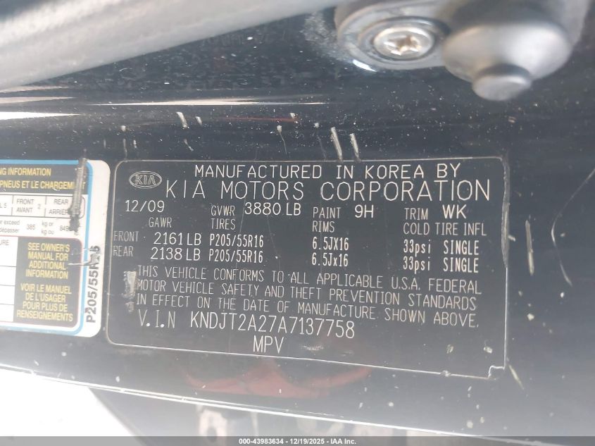 2010 Kia Soul + VIN: KNDJT2A27A7137758 Lot: 43983634