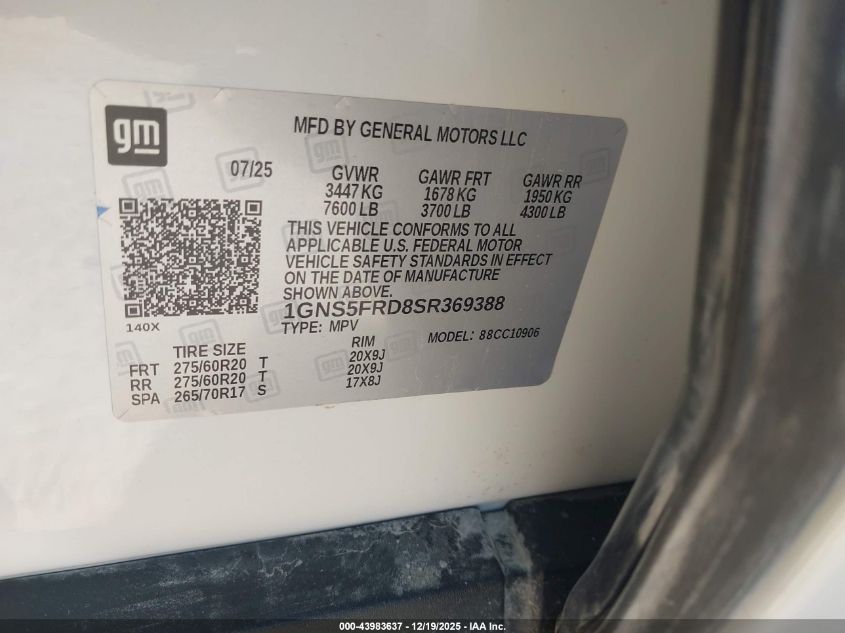 2025 Chevrolet Suburban 2Wd Premier VIN: 1GNS5FRD8SR369388 Lot: 43983637