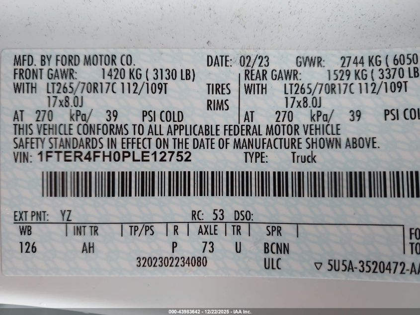 2023 Ford Ranger Xlt VIN: 1FTER4FH0PLE12752 Lot: 43983642