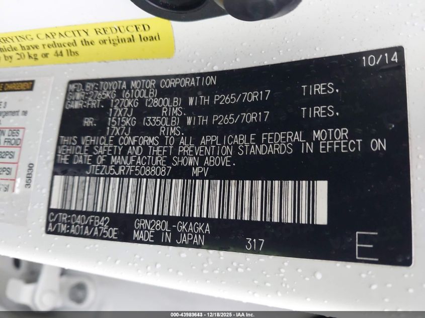 2015 Toyota 4Runner Sr5 VIN: JTEZU5JR7F5088087 Lot: 43983643