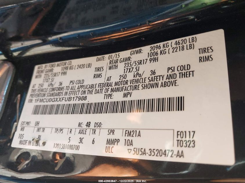 2015 Ford Escape Se VIN: 1FMCU0GXXFUB17988 Lot: 43983647