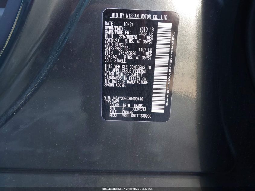 2025 Nissan Armada Pro-4X 4Wd VIN: JN8AY3DE0S9400440 Lot: 43983656